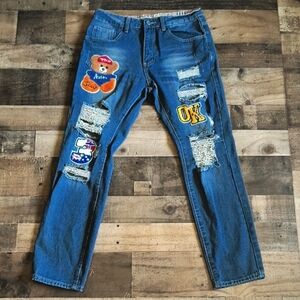 Unbranded Teddy Bear Varsity Patch Distressed Blue Skinny Leg Jeans Sz 30X 30
